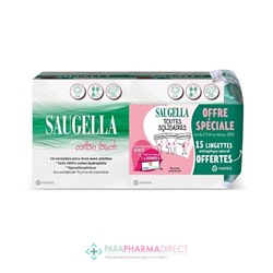 Saugella Cotton Touch Lot de 2x14 Serviettes Extra-Fines avec Ailettes Jour + 15 Lingettes OFFERTESLot  × 2