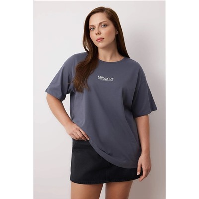 Antrasit Oversize Fit %100 Pamuk Ön ve Arka Baskılı Örme Büyük Beden T-Shirt TBBSS25BF00002