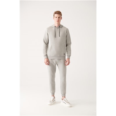 Gri Kapüşonlu Yaka İçi Polarlı 3 İplik Pamuklu Regular Fit Standart Kesim Unisex Sweatshirt