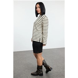 Bej Bisiklet Yaka Çizgili Örme Büyük Beden Sweatshirt TBBAW25AO00041
