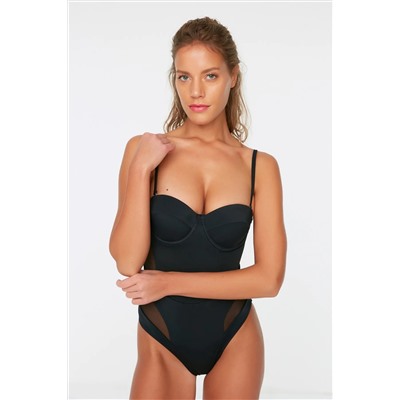 Trendyolmilla Siyah Balkonet Mesh Detaylı Regular Mayo TBESS20MA0046