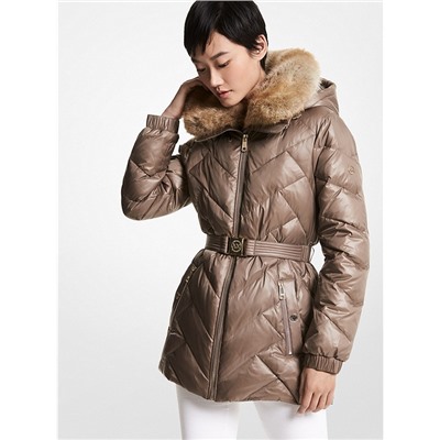 MICHAEL MICHAEL KORS Faux Fur Trim Chevron Quilted Nylon Belted Puffer Coat