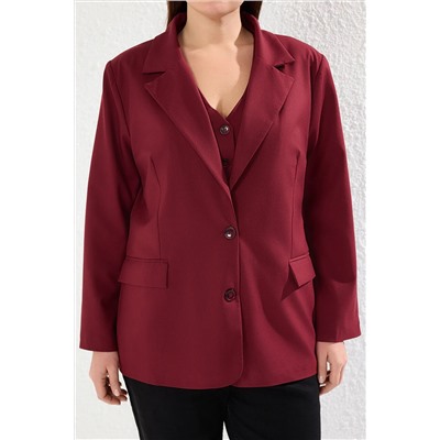 Bordo Astarlı Oversize/Bol Kesim Blazer Dokuma Büyük Beden Kumaş Ceket TBBAW25AG00019