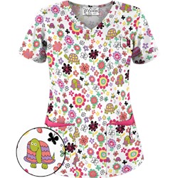 UA Slowpoke White Five-Pocket Print Scrub Top