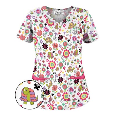 UA Slowpoke White Five-Pocket Print Scrub Top