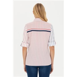 Kadın Kırmızı Uzun Kollu Çizgili Gömlek