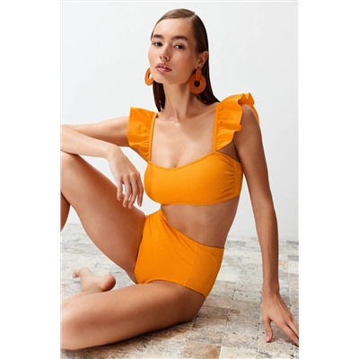 TRENDYOLMİLLA Turuncu Bralet Fırfırlı Dokulu Yüksek Bel Hipster Bikini Takımı TBESS22BT0049