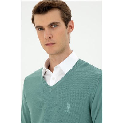 Erkek Slim Fit V Yaka Mint Basic Kazak