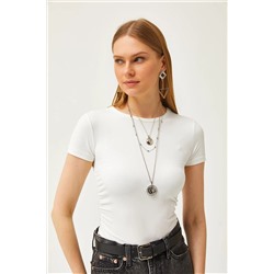 Olalook Kadın Ekru Yanı Büzgülü Yumuşak Tuşeli Crop Tişört TSH-19000801