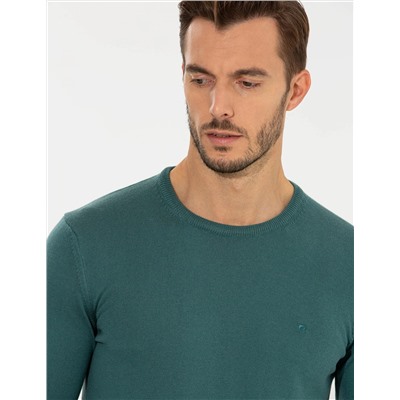Yeşil Slim Fit Bisiklet Yaka Basic Triko Kazak