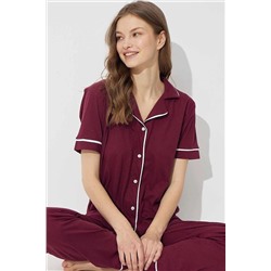 Siyah İnci Mor Kısa Kollu Pamuklu Düğmeli Biyeli Pijama Takım 7352