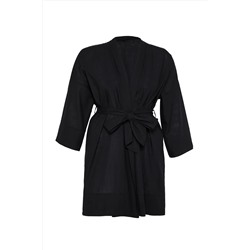 Siyah Kuşaklı Kısa Dokuma %100 Pamuklu Büyük Beden Kimono&Kaftan TBBSS25DE00000