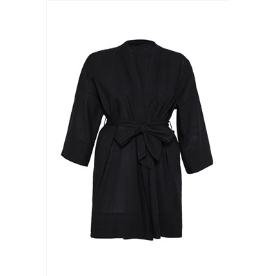 Siyah Kuşaklı Kısa Dokuma %100 Pamuklu Büyük Beden Kimono&Kaftan TBBSS25DE00000