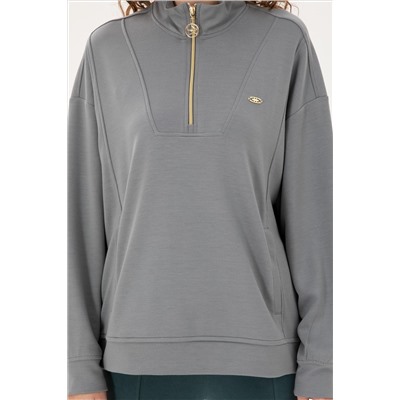 Kadın Gri Melanj Fermuarlı Sweatshirt