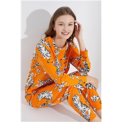 Siyah İnci turuncu kaplan Jogger Örme Pijama Takım 7703
