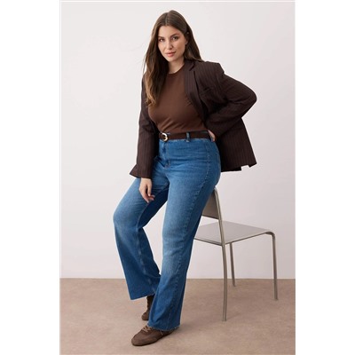 Mavi Yüksek Bel Paçası Kesikli Straight Fit Denim Büyük Beden Jeans TBBAW26CJ00033