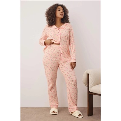 Pembe %100 Pamuklu Çiçekli Biyeli Örme Pijama Takımı TBBAW26AI00007