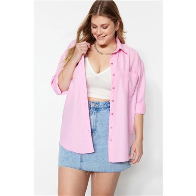 Pudra Loose Fit Pamuklu Uzun Kol Büyük Beden Dokuma Gömlek TBBSS22GO0323