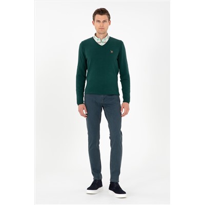 Erkek Slim Fit V Yaka Yeşil Basic Kazak