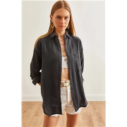 Olalook, Kadın Antrasit Oversize Basic Müslin Gömlek GML-19001217