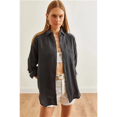 Olalook, Kadın Antrasit Oversize Basic Müslin Gömlek GML-19001217