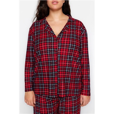 Kırmızı Ekoseli Gömlek Yaka Yumuşak Tuşe Örme Pijama Takımı TBBAW24AI00033