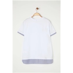 Beyaz Yaka ve Etek Ucunda Çizgili Poplin Detaylı Örme Büyük Beden T-shirt TBBSS25BF00003