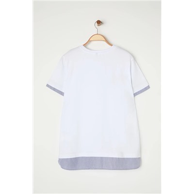 Beyaz Yaka ve Etek Ucunda Çizgili Poplin Detaylı Örme Büyük Beden T-shirt TBBSS25BF00003