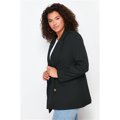 Siyah Oversize/Bol Kesim Astarlı Kruvaze Kapama Dokuma Blazer Ceket TBBSS24AG00002
