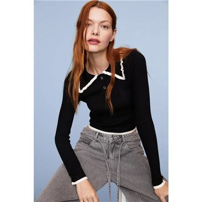 Женский приталенный пуловер с воротником и контрастной отделкой H&*M