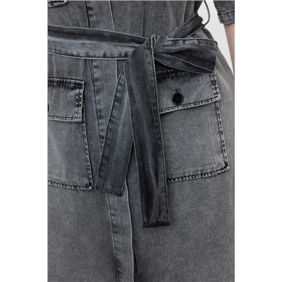 Koyu Mavi Kuşak Detaylı Mini Denim Gömlek Elbise TBBSS24AH00124