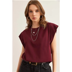 Olalook, Kadın Bordo Koltuk Altı Parçalı Yarasa Tişört TSH-19000330