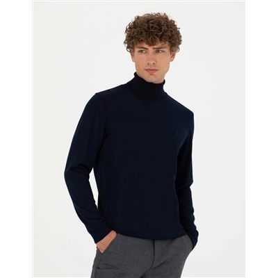 Lacivert Slim Fit Balıkçı Yaka Basic Triko Kazak