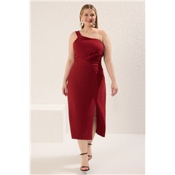 Bordo Asimetrik Tek Kol Dokuma Abiye/Mezuniyet/Kokteyl/Party Büyük Beden Elbise TBBSS25AH00108