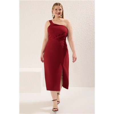 Bordo Asimetrik Tek Kol Dokuma Abiye/Mezuniyet/Kokteyl/Party Büyük Beden Elbise TBBSS25AH00108