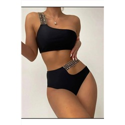 sayina, Kadın Siyah Simli Tek Omuz Kurdele Nakış Lastik Detaylı Yüksek Bel Astarlı Şık Bikini Takımı