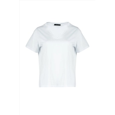 Beyaz V Yaka Basic %100 Pamuk Örme T-Shirt TBBSS22BF0028