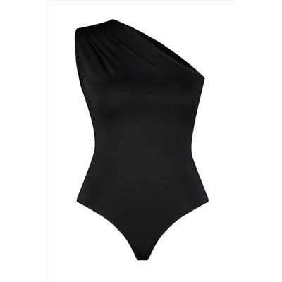 Siyah Asimetrik Yakalı Alttan Çıtçıtlı Örme Body TBBSS24AF00066