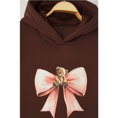 Kahverengi Fiyonklu Ayıcıklı İçi Polarlı/Şardonlu Örme Büyük Beden Sweatshirt TBBAW26AO00013