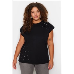 Siyah Bisiklet Yaka Taşlı %100 Pamuk Örme T-shirt TBBSS23BF00041