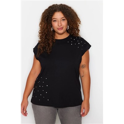Siyah Bisiklet Yaka Taşlı %100 Pamuk Örme T-shirt TBBSS23BF00041