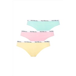 U.S. Polo Assn.Pamuklu & Likralı, 3'lü Kadın Slip Külot Mint & Sarı & Pembe