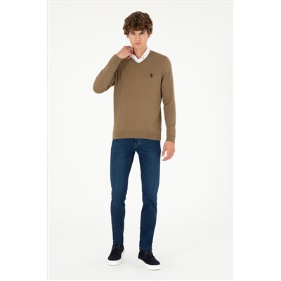 Erkek Slim Fit V Yaka Haki Basic Kazak