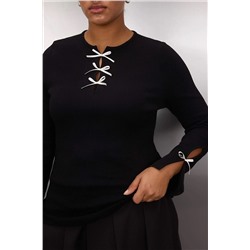Siyah Fiyonk ve Cut Out Detaylı Bisiklet Yaka Slim/Vücuda Oturan Örme Bluz TBBAW26AF00023