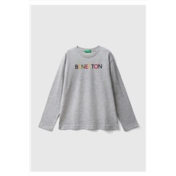 United Colors of Benetton Erkek Çocuk Gri Melanj Kesik Logo Baskılı T-Shirt Gri Melanj 223A3I1XC10D7