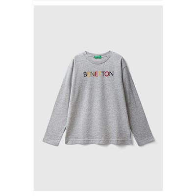 United Colors of Benetton Erkek Çocuk Gri Melanj Kesik Logo Baskılı T-Shirt Gri Melanj 223A3I1XC10D7