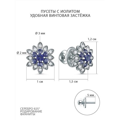 Серьги-пусеты из серебра с фиолетовым иолитом и фианитами родированные С-3826р412400