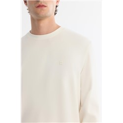 Ekru Bisiklet Yaka Pamuklu Uzun Kollu T-Shirt