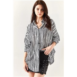 Olalook Kadın Siyah Asimetrik Çizgili Oversize Gömlek GML-19001123