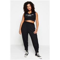 Siyah Havuç Fit Beli Lastikli Örme Büyük Beden Pantolon TBBSS23AR00002